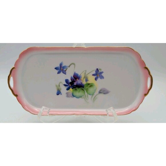 Antique Porcelain Vanity Tray Violet Hand Painted Japan Handled Gold - Picture 1 of 6